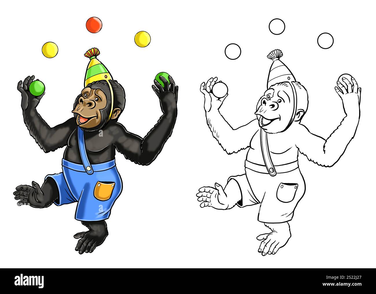 Drôle de gorille singe dansant et jonglant avec des balles. Un modèle pour les enfants à colorier. Banque D'Images