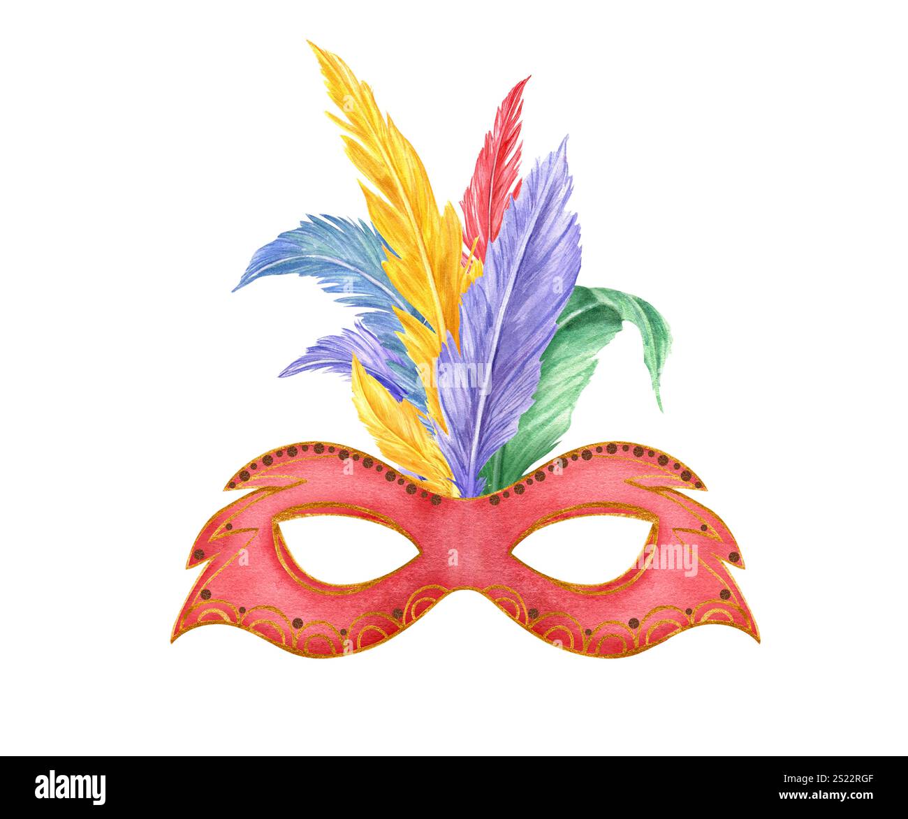 Masque rouge mascarade décoratif aquarelle avec ornement doré et illustration colorée de plumes d'oiseau. Attribut festival mardi gras pour le carnaval Banque D'Images