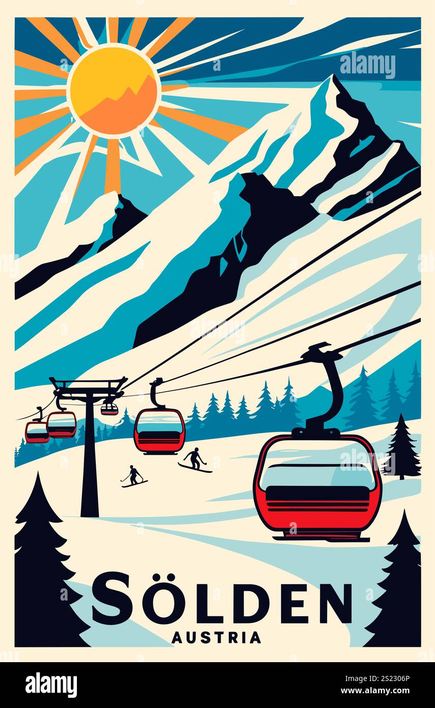 Solden, Autriche affiche de voyage de ski dans un style rétro Illustration de Vecteur