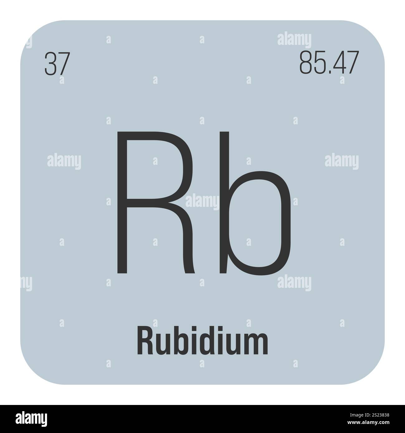 Rubidium, Rb, élément de table périodique avec nom, symbole, numéro atomique et poids. Métal alcalin à diverses utilisations industrielles, comme dans certains types de verre, et comme composant de certains types de feux d'artifice. Illustration de Vecteur