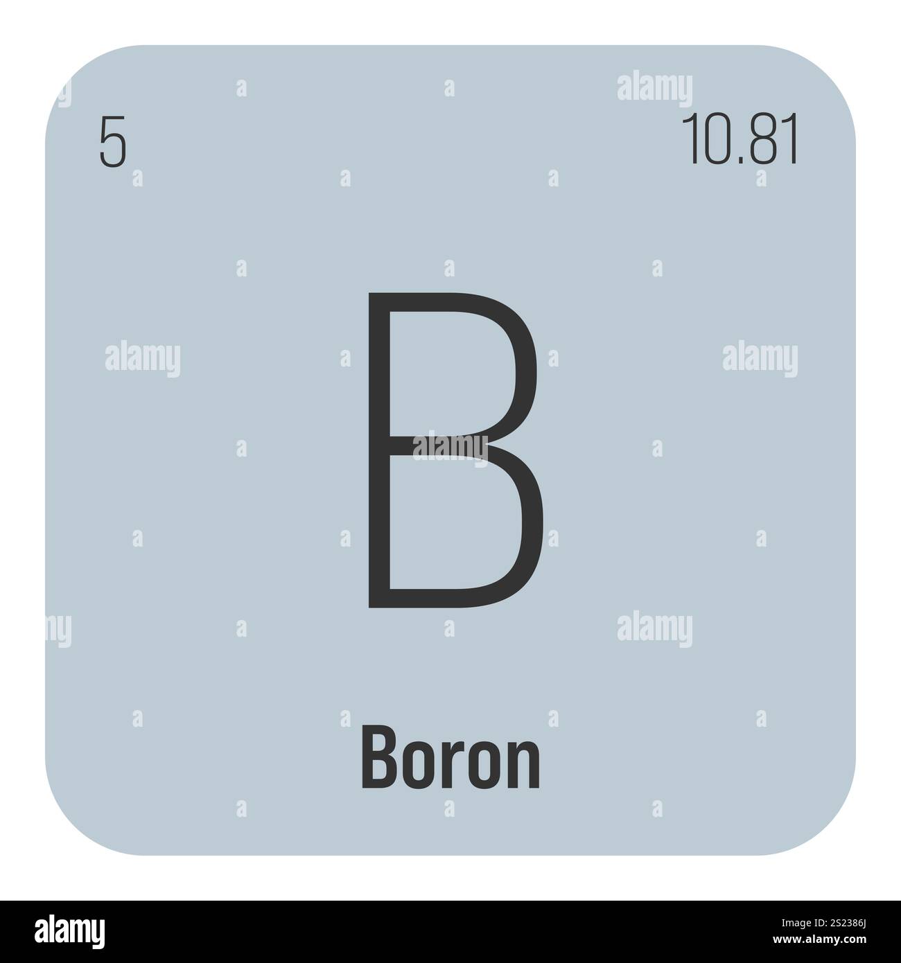 Bore, B, élément de table périodique avec nom, symbole, numéro atomique et poids. Métalloïde à diverses utilisations industrielles, comme dans la fibre de verre, la céramique et comme absorbeur de neutrons dans les centrales nucléaires. Illustration de Vecteur