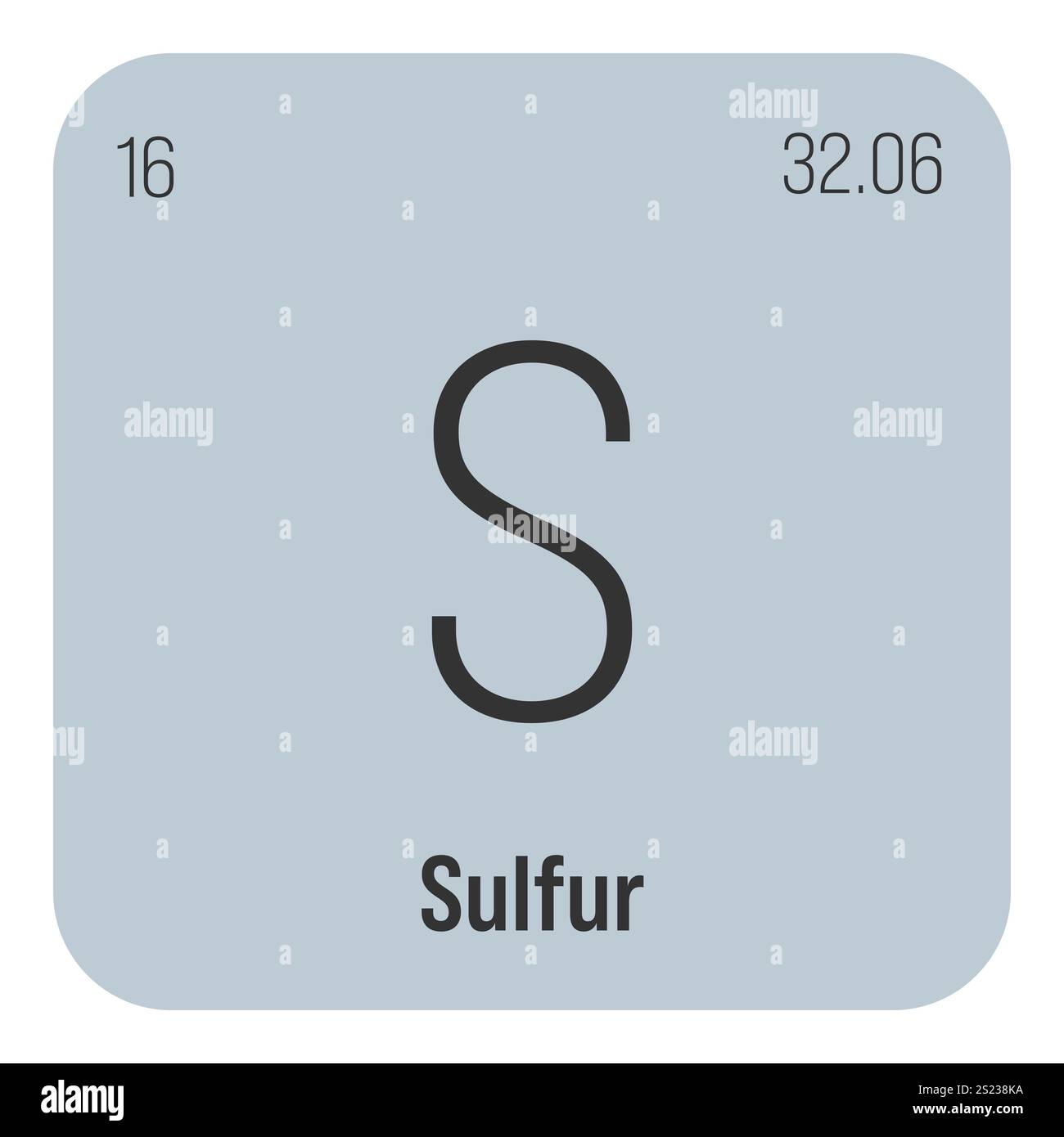Soufre, S, élément de table périodique avec nom, symbole, numéro atomique et poids. Non métalliques à diverses utilisations industrielles, comme dans les engrais, certains types de médicaments et comme composant de certains types d'explosifs. Illustration de Vecteur