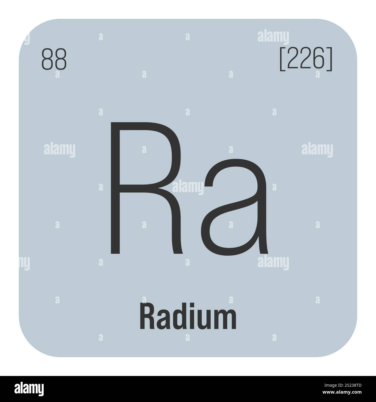 Radium, Ra, élément de table périodique avec nom, symbole, numéro atomique et poids. Métal alcalin de terre aux propriétés radioactives, autrefois utilisé en thérapie médicale et comme composant de certains types de peinture. Illustration de Vecteur