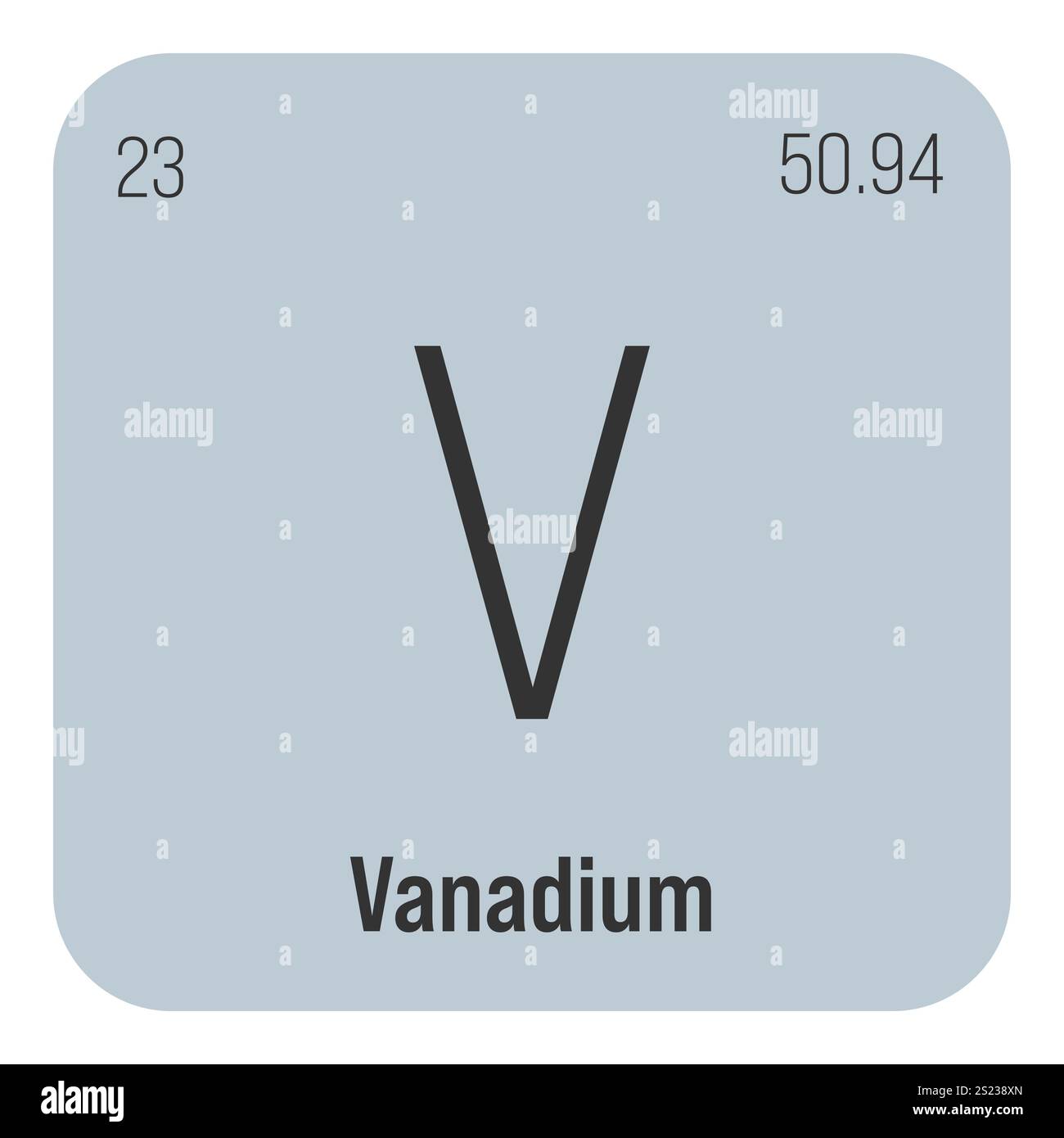 Vanadium, V, élément de table périodique avec nom, symbole, numéro atomique et poids. Métal de transition à diverses utilisations industrielles, comme dans certains types d'acier et comme catalyseur dans certaines réactions chimiques. Illustration de Vecteur
