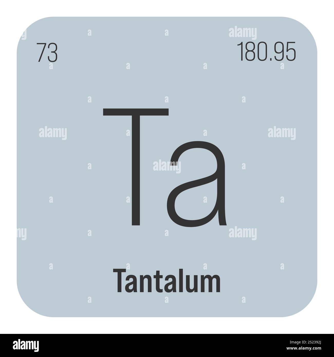 Tantale, Ta, élément de table périodique avec nom, symbole, numéro atomique et poids. Métal de transition à diverses utilisations industrielles, comme dans les condensateurs électriques, certains types d'implants médicaux, et comme composant dans certains types d'alliages. Illustration de Vecteur
