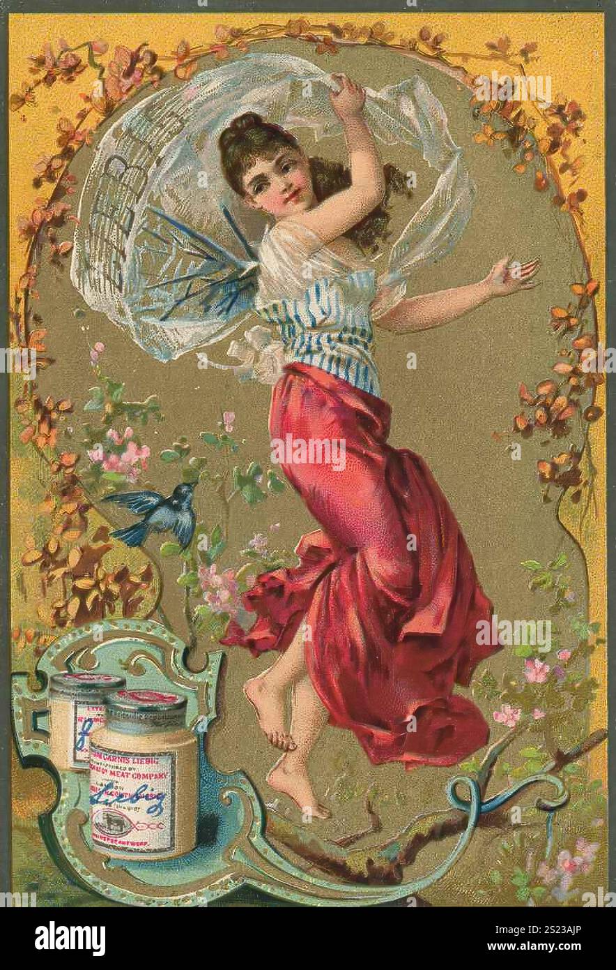 Série d'images de femmes gaies et insouciantes, Liebigbild, reproduction numérisée d'une image collective datant d'environ 1900, domaine public, date exacte inconnue, femme dansant avec un parapluie transparent, entourée de fleurs et d'un oiseau, Bilderserie lebensfrohe unbeschwerte Frauen, restaurierte numérique Reproduktion eines Sammelbildes von CA 1900, gemeinfrei, genaues Datum unbekannt, Frau tänzelnd mit em einenten Schirm, umbem transparents von Vogel Blüten und Von Banque D'Images