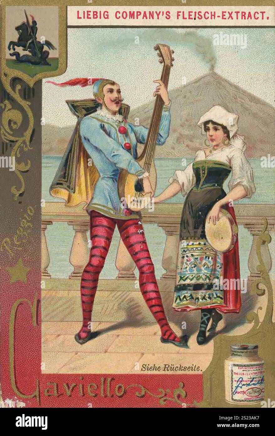 Figure de série dans le paysage culturel romain, Garviello, Liebigbild, reproduction numérisée d'une image de collectionneur datant d'environ 1900, domaine public, date exacte inconnue, Un arlequin avec une guitare et une femme en vêtements traditionnels devant le Vésuve, Serie Figur in der römischen Kulturlandschaft, restaurierte numérique reproduction eines Sammelbildes von CA 1900, gemeinfrei, genaues Datum unbekannt, Ein Harlemit Gitartionkin und Kleine ou Videser Banque D'Images