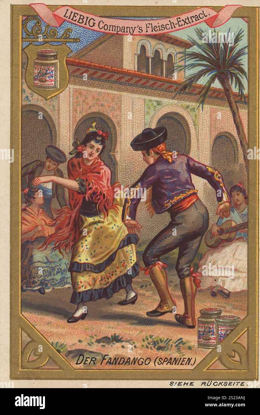Série d'images de danses diverses, fandango, une danse chantante espagnole, dont l'origine est supposée être en Amérique, Liebigbild, reproduction numérisée d'une image de collectionneur d'environ 1900, domaine public, date exacte inconnue, danseurs espagnols interprètent un fandango passionné en costumes lumineux, Bilderserie verschiedene Tänze, Fandango, ein spanischer Singtanz 1900, dessen Ursprung in Amerika vermutet wird, restaurierte numérique Reproduktion eines Sammelbilines Sammelbildes, spannef auchanden, Tänzer führen, nichen, nichen, nichen, spenschanden, nicht Kostümen Banque D'Images