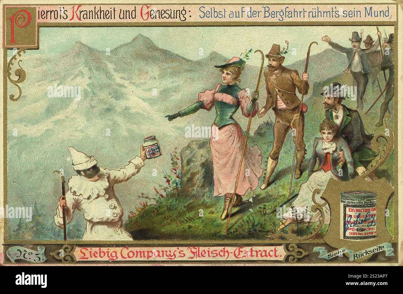 Série guérison de Pierrot par Liebig Meat Extract, maladie de Pierrot et guérison, même sur le voyage de montagne sa bouche l'élogue, Liebig image, reproduction numérique restaurée d'une image collective d'environ 1900, domaine public, date exacte inconnue, randonneurs dans les Alpes, Pierrot présente l'extrait de Liebig sur une montagne, Serie Heilung des Pierrot durch Liebig Fleischextrakt, pierrots Krankheit und Genesung, selbst auf der Bergfahrt lobt lobt lobt es Samsein Mund 1900 Genaues Datum unbekannt, , Wanderer in den Alpen, Banque D'Images