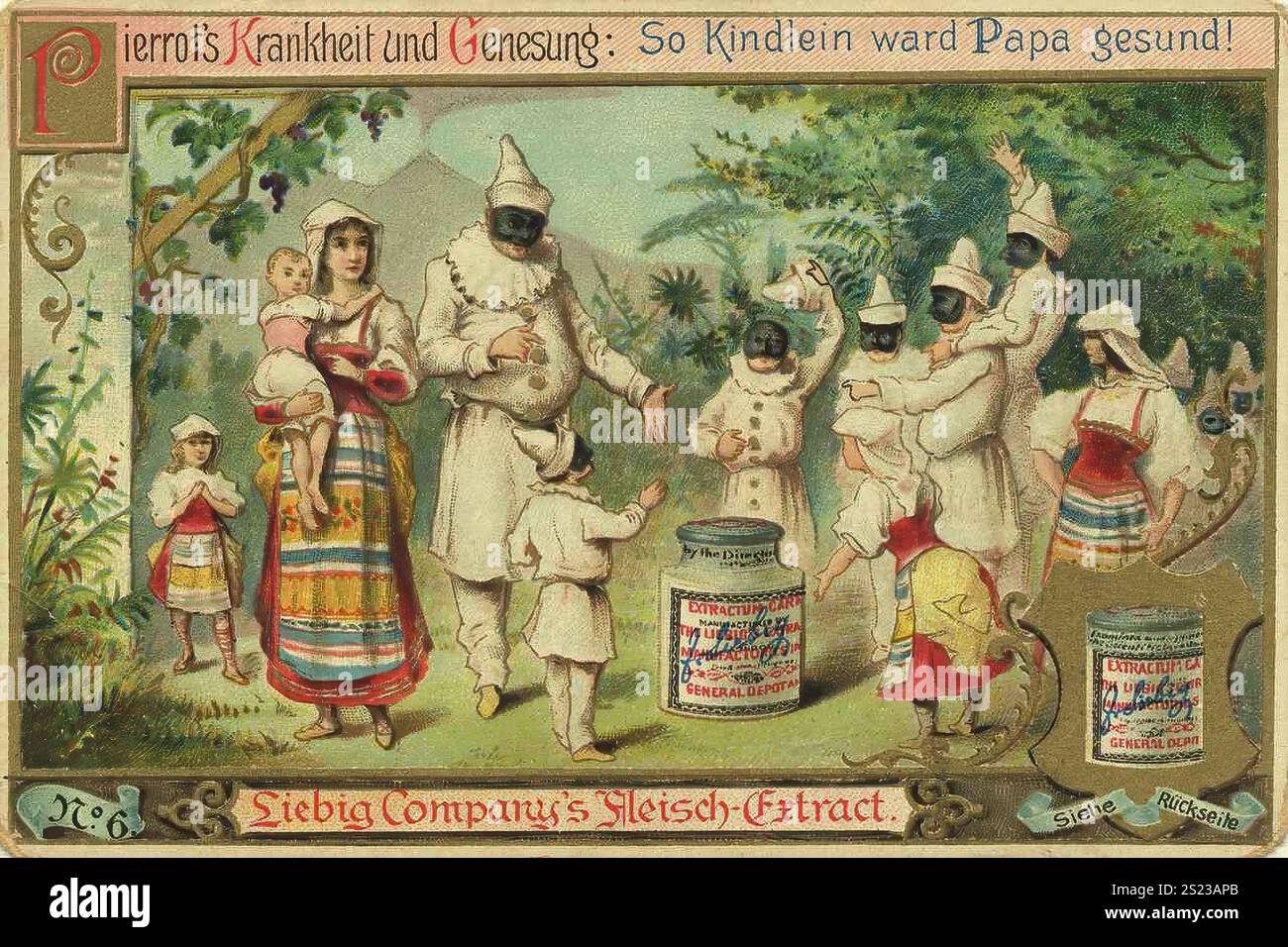 Series Healing of Pierrot through Liebig Meat Extract, Pierrot's Disease and Recovery, Just as the Children was Healthy, papa, Liebig Picture, Digital Restore reproduction of a collector's Picture of 1900, public domain, date exacte inconnue, Pierrots Celebrate with a Family, un enfant tient l'extrait de Liebig avant le festival, Serie Heilung des Pierrot durch Liebig Fleischextrakt, restaurrots Krankheit und Genesung, SO wie die Kindlein Papa gesund Genesung, Liebig 1900 Pierrots feiern mi Banque D'Images