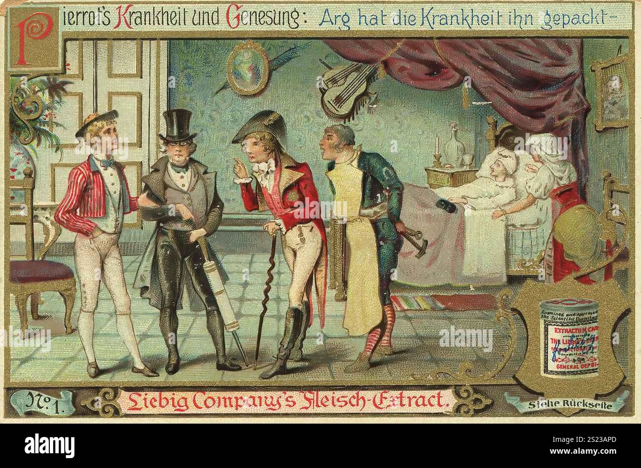 Série guérison de Pierrot par Liebig Meat Extract, maladie de Pierrot et guérison, la maladie l'a mal emporté, Liebig Picture, reproduction numérique restaurée d'une image collective d'environ 1900, domaine public, date exacte inconnue, hommes en costumes visitent un homme malade dans une chambre, Serie Heilung des Pierrot durch Liebig Fleischextrakt, pierrots Krankheit und Genesung, Arg Hat die Krankheit ihn gepprodut, bigbild, Digital ieres, Lieberge, Reunkheit, 1900, Liebig boieres, reinfanteu, rebeganneba, reventifnicht Männer in Kostümen besuchen einen kranken Mann in einem Schlaf Banque D'Images