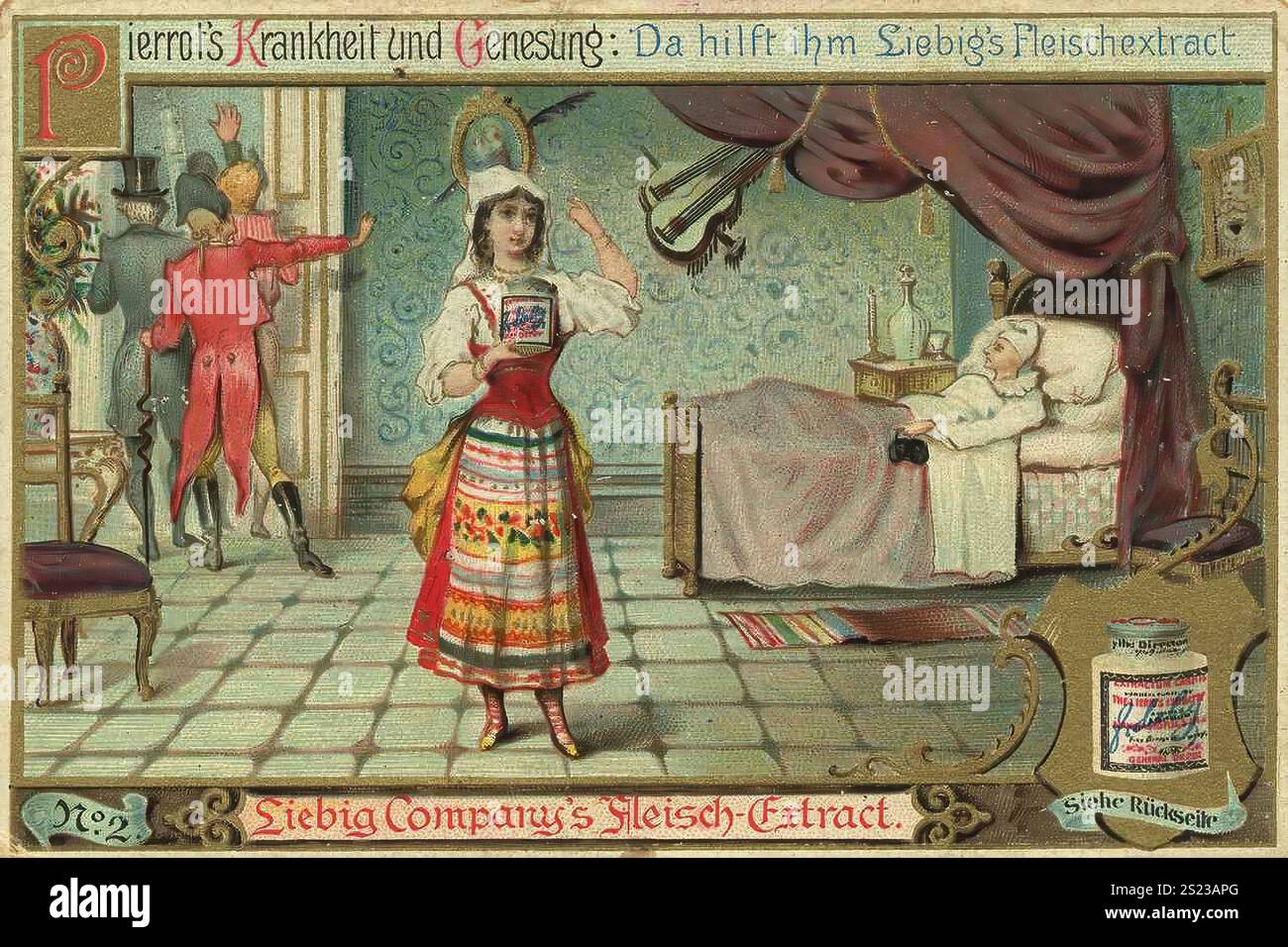 Série guérison de Pierrot par Liebig Meat Extract, maladie de Pierrot et récupération, Liebig extrait de viande l'aide, Liebig image, reproduction numérisée d'une photo de collectionneur d'environ 1900, domaine public, date exacte inconnaisséemaladie de Pierrot et récupération, la maladie l'a mal saisi, date exacte inconnue, une femme en costume traditionnel montre l'extrait de Liebig, un homme malade au lit, Serie Heilung des Pierrot durch Liebig Fleischextrakt, pierrots Krankheit und Genesft, Liebighild, Liebighild, Liebighild, Liebighild, Liebigedi Digital restaurierte Reproduktion eines Sammelbildes von c Banque D'Images