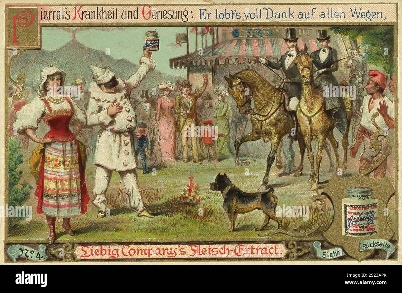 Série guérison de Pierrot à travers Liebig Meat Extract, maladie de Pierrot et guérison, il le loue dans la gratitude sur tous les chemins, Liebig image, reproduction numérisée d'une image collective d'environ 1900, domaine public, date exacte inconnue, Une femme en vêtements traditionnels tient l'extrait de Liebig tandis qu'un homme le loue, Serie Heilung des Pierrot durch Liebig Fleischextrakt, pierrots Krankheit und Genesung, er lobt es als Dank auf allen Wegen, Liebig restaurateurs, Liebigbild, digital, Reproduireproduirein, 1900 Genaues Datum unbekannt, Eine Frau dans traditioneller Banque D'Images