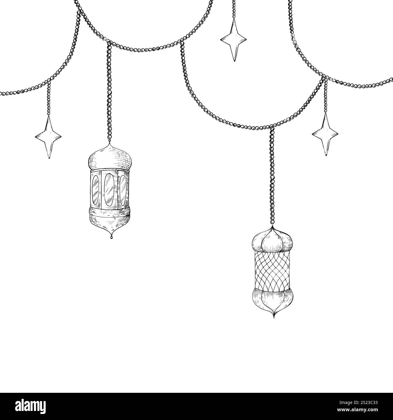 Cadre vectoriel avec mosaïque arabe marocaine, lanterne, lumière, étoiles en croissant sur chaînes. Illustration graphique isolée sur fond blanc. Main musulmane Illustration de Vecteur