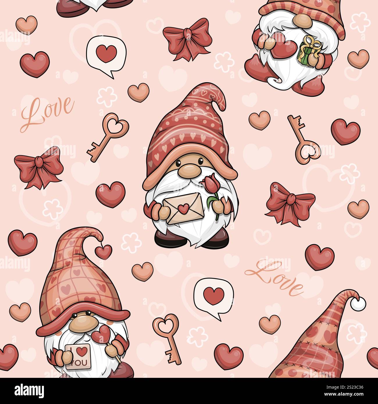 Modèle sans couture Valentine avec de mignons gnomes de bande dessinée. Illustration vectorielle de vacances sur un fond rose avec des hommes nains, des coeurs, des clés, mot amour et arc. Illustration de Vecteur