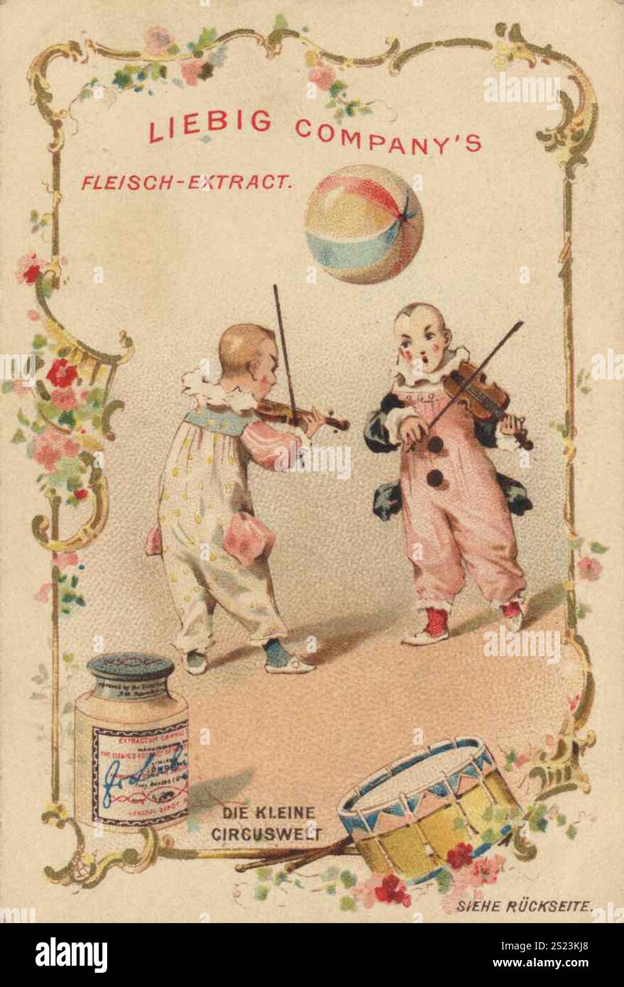 Série d'images petit monde du cirque, Liebigbild, restauré numériquement reproduction d'une image de collectionneur d'environ 1900, domaine public, date exacte inconnue, deux enfants habillés comme des clowns jouent du violon devant un fond de cirque dans un style nostalgique, Bildserie Kleine Die kleine Zirkuswelt, restaurierte numérique reproduction eines Sammelbildes von CA 1900, gemeinfrei, genaues Datum unbekannt, Zwei als clowns zirkleine ou Geirkirkirkirisseyerte Kinnichenneigerte Geirstirstirstirstirenneigneg Banque D'Images