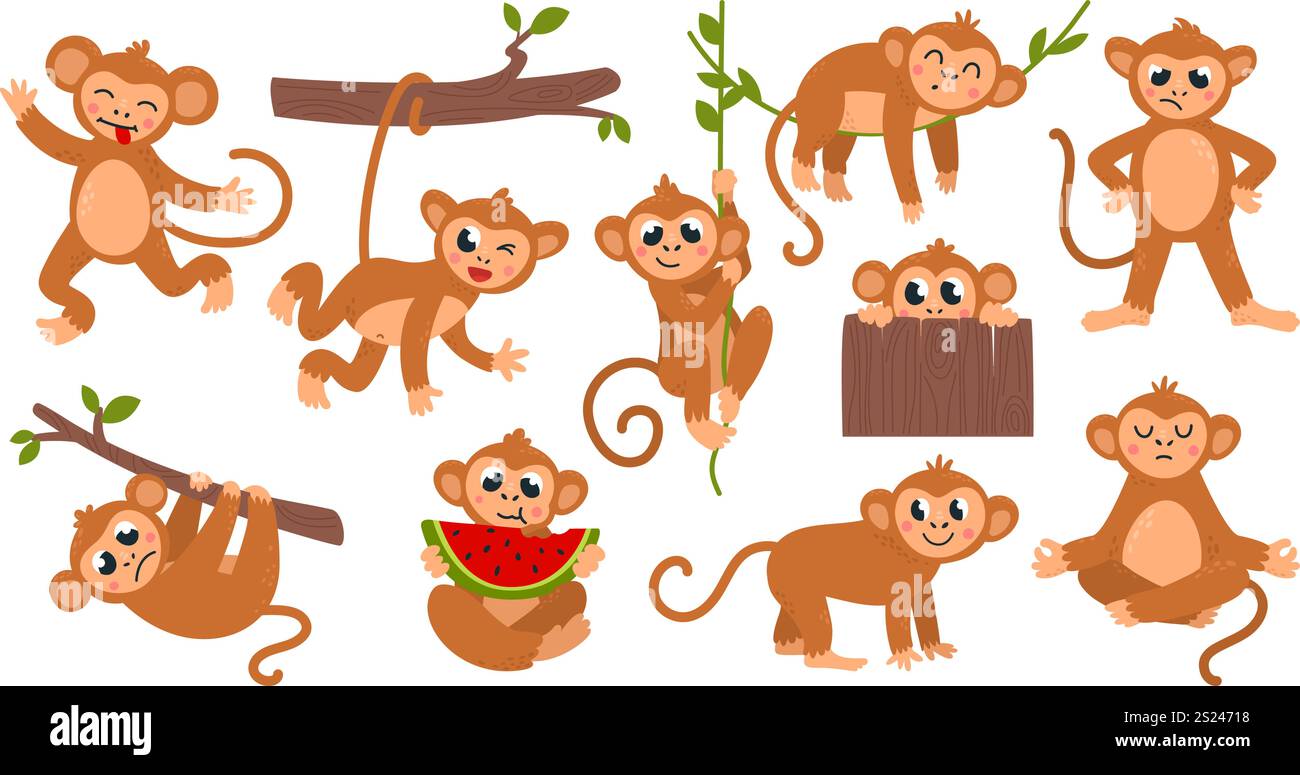 Singe de dessin animé. Singes exotiques drôles, animaux tropicaux sauvages avec diverses émotions et poses. Les primates mangent, se reposent sur les vignes, jettent un coup d'œil, vecteur classe Illustration de Vecteur