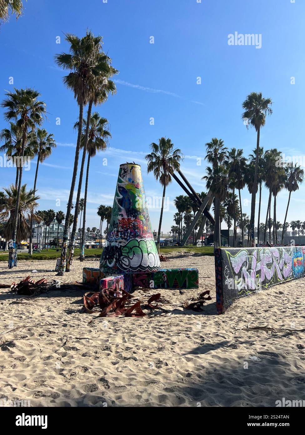 Venice Beach graffiti vibrant, palmiers, ciel bleu, rivages sablonneux et structure emblématique. Un instantané parfait de la culture côtière californienne Banque D'Images