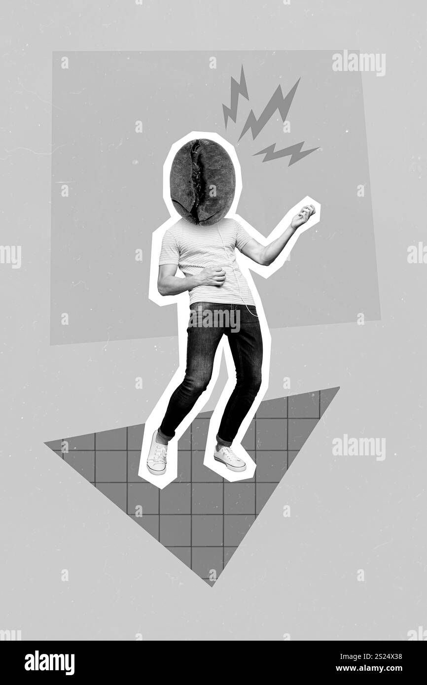 Image de collage d'esquisse exclusive image de drôle funky Guy grain de café au lieu de la tête jouant de la guitare isolé toile de fond Banque D'Images