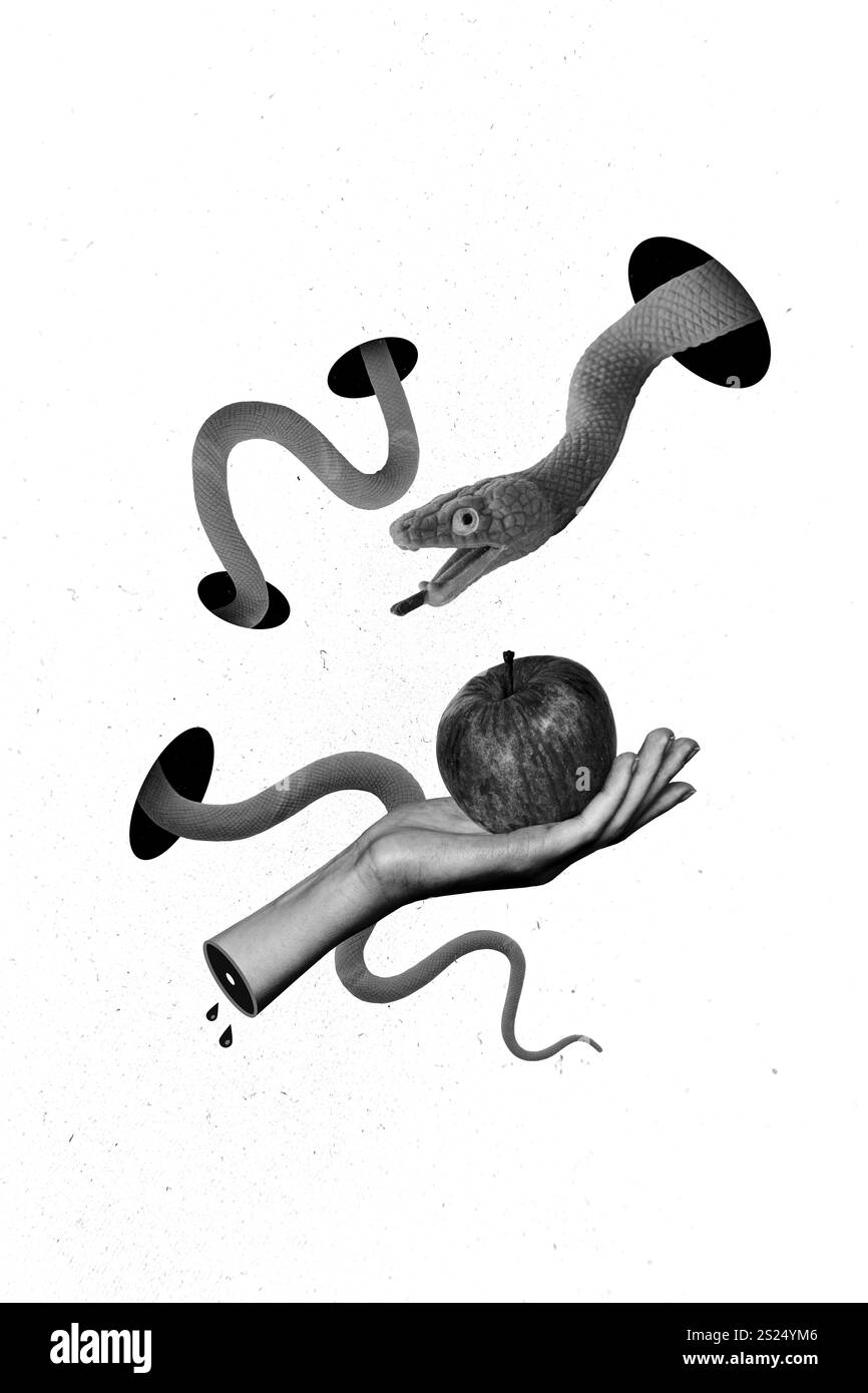 Photo créative 3D collage d'œuvres d'art poster de main humaine tenir pomme interdite isolé sur fond blanc de peinture de couleur Banque D'Images