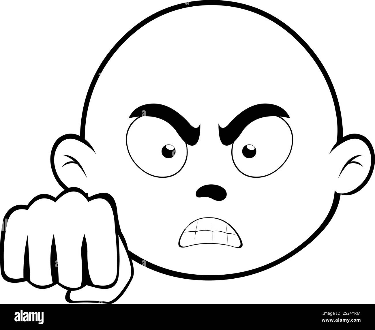 illustration vectorielle dessinant un dessin animé de personnage emoji face noir et blanc, avec une expression en colère et une bosse de poing Illustration de Vecteur