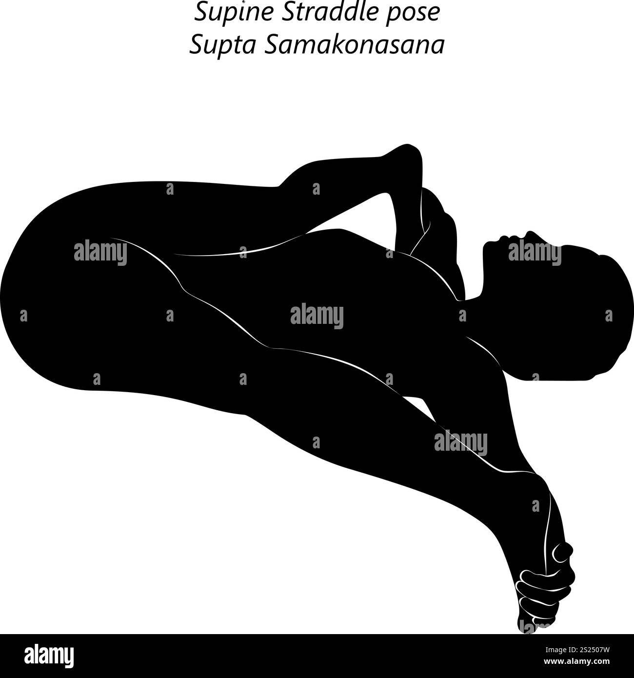 Silhouette de femme pratiquant la posture de yoga Supta Samakonasana. Position chevauchée en décubitus dorsal ou position chevauchée inclinée. Illustration vectorielle isolée Illustration de Vecteur