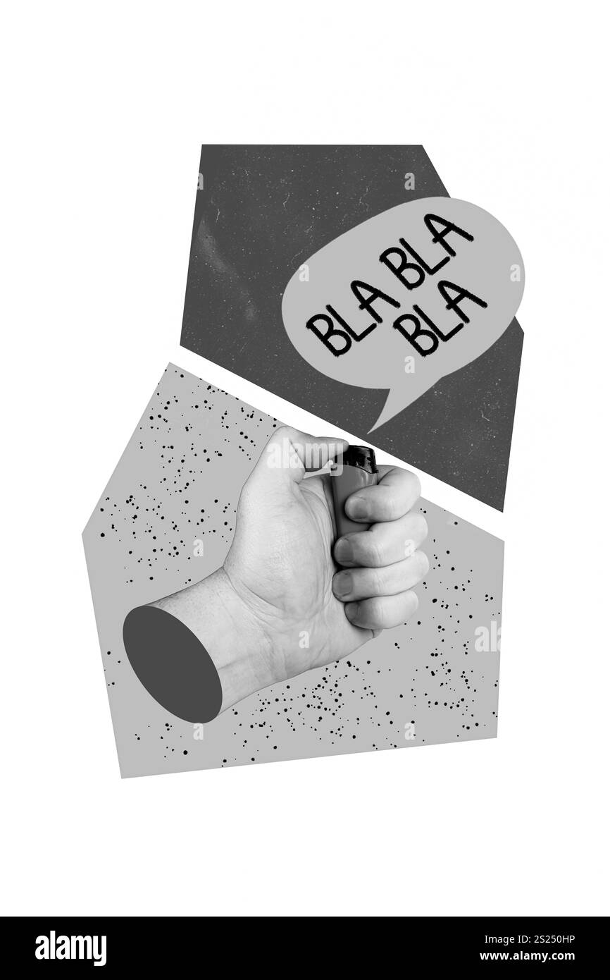 Image de collage vertical de noir blanc effet bras tenir allumé bla bulle de dialogue au lieu de la flamme propagation de fake news guerre ukraine Banque D'Images