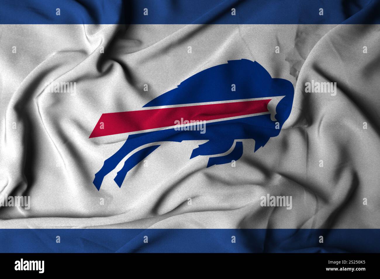 Pringsewu, Lampung ; 05 janvier 2025 ; texture d'un drapeau ondulant avec le logo de l'équipe de football américain de la NFL Buffalo Bills, États-Unis. 3D. Banque D'Images