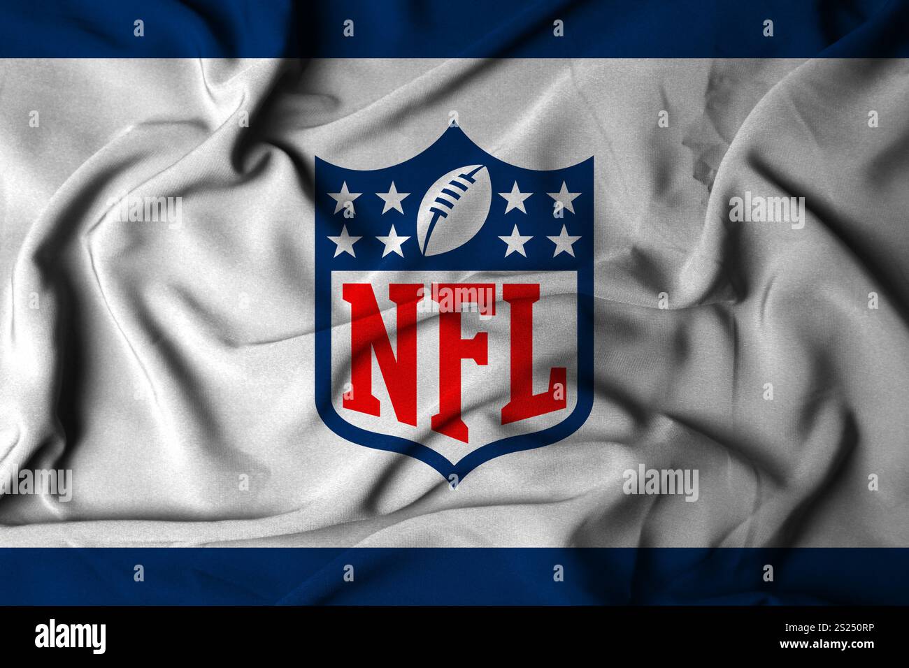 Pringsewu, Lampung ; 05 janvier 2025 ; texture d'un drapeau ondulant avec le logo du football américain NFL, États-Unis. Illustration 3D. Banque D'Images