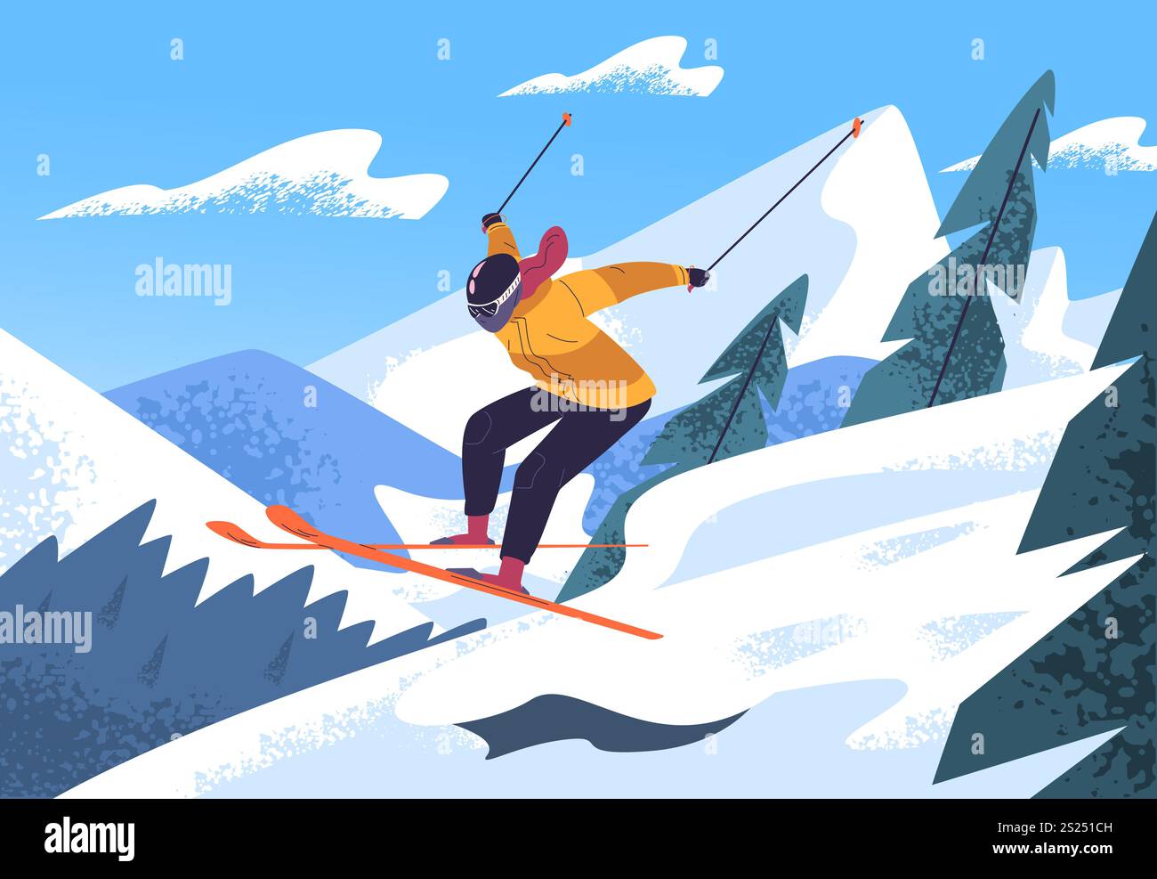 Le skieur glisse vers le bas. Ski cavalier saut slalom pente de descente de montagne enneigée, piste de ski ou tremplin hiver extrême de sports de vacances de ski voyage de montagne de neige, illustration vectorielle classe illustration originale Illustration de Vecteur
