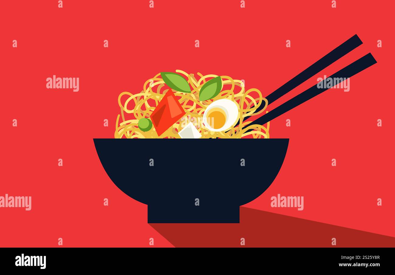Délicieux bol de nouilles ramen coréennes avec garnitures prêtes à être dégustées Illustration de Vecteur