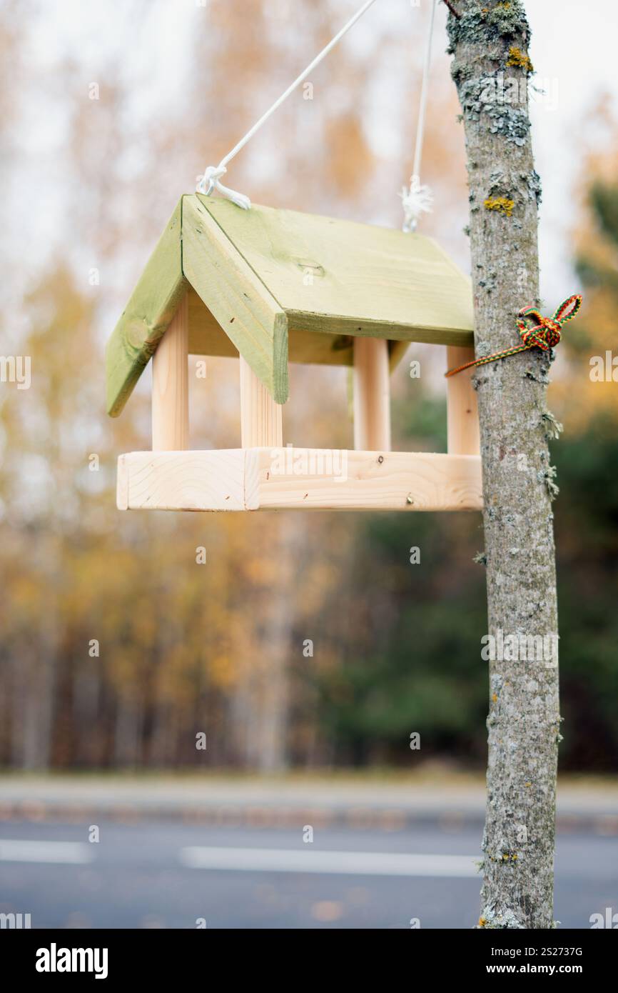 Mangeoire à oiseaux en bois photo avec toit vert suspendu élégamment sur une branche d'arbre dans un environnement extérieur serein idéal pour attirer divers oiseaux et pro Banque D'Images