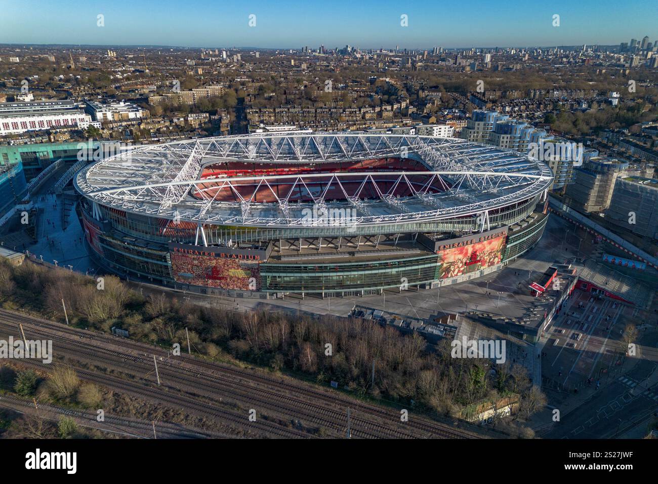 Vue aérienne de l'Emirates Stadium, stade du club de football Arsenal, Holloway, Londres, Royaume-Uni. Banque D'Images
