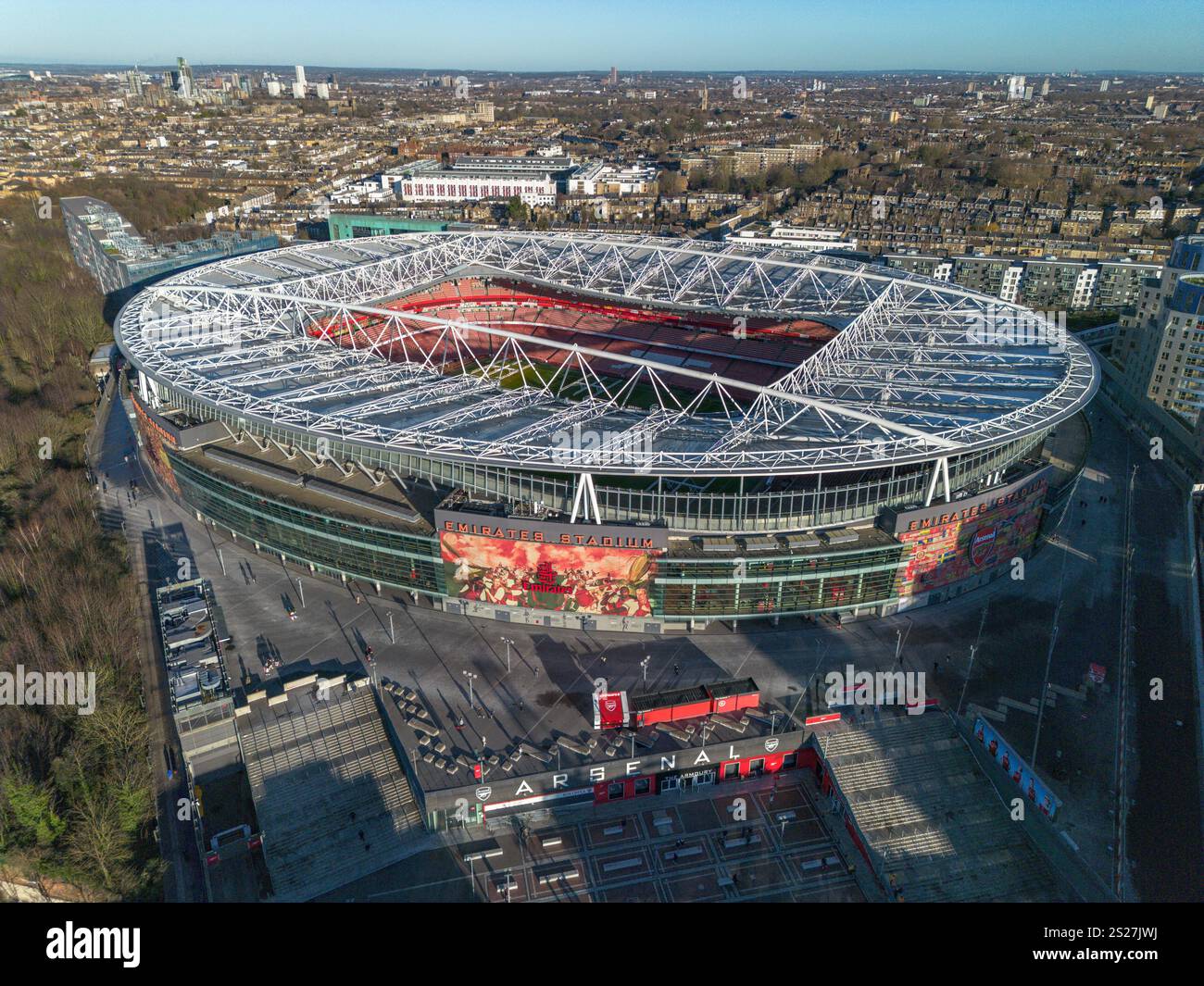 Vue aérienne de l'Emirates Stadium, stade du club de football Arsenal, Holloway, Londres, Royaume-Uni. Banque D'Images