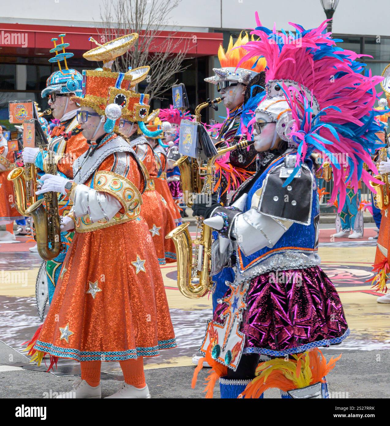Scène de la parade annuelle des Mummer du nouvel an à Philadelphie. Banque D'Images