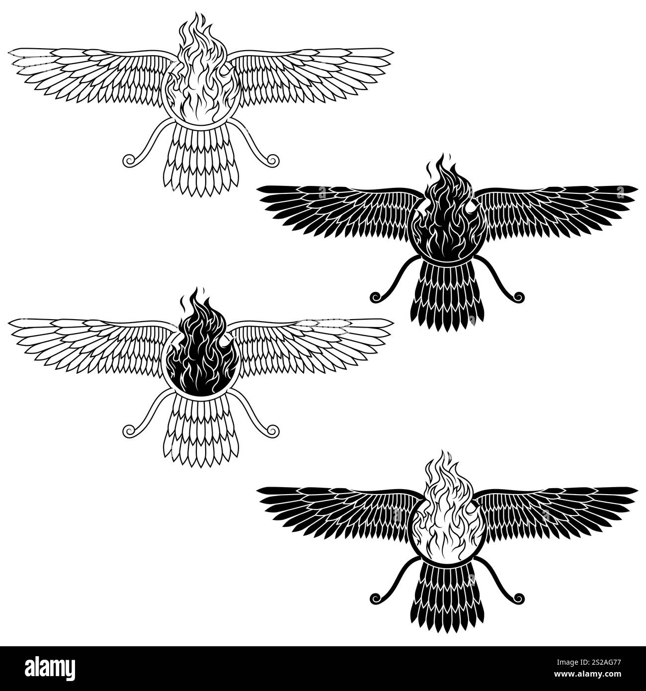 Conception vectorielle du symbole Faravahar, symbole de la religion zoroastrienne, disque ailé avec feu brûlant, temple de feu zoroastrien Illustration de Vecteur
