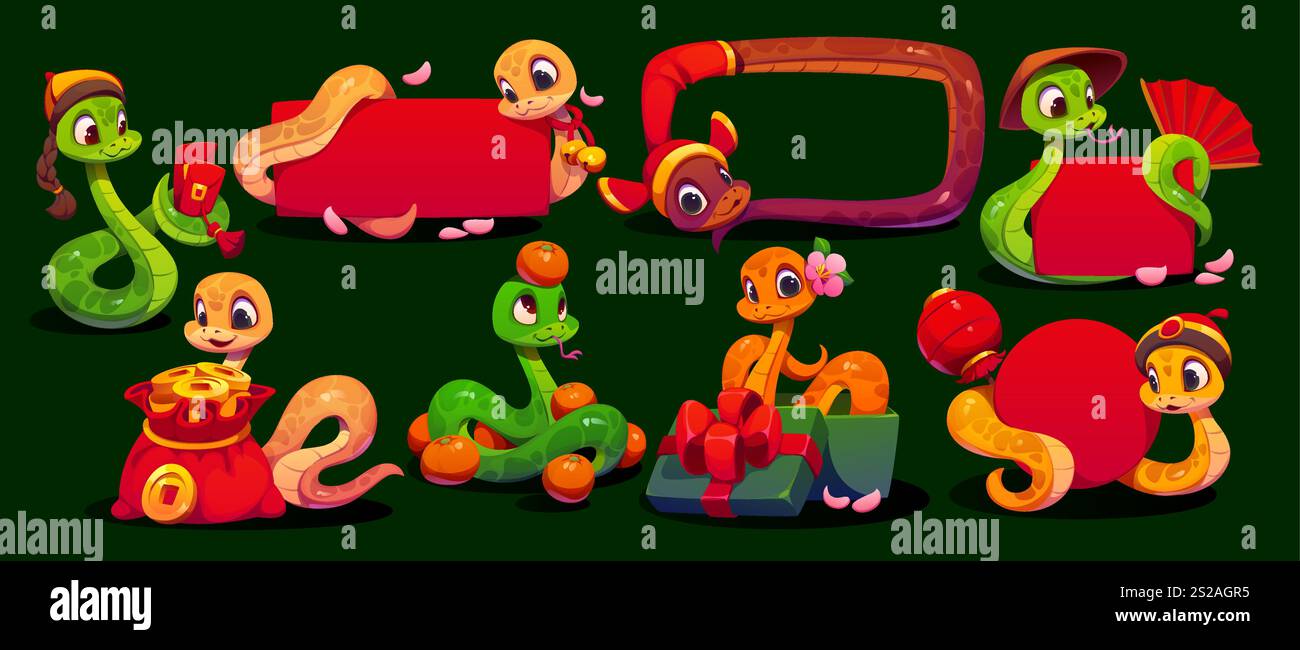 Serpents de dessin animé drôles du nouvel an lunaire chinois avec des bannières et des décorations. Reptiles vectoriels avec des enveloppes d'argent rouges, des fruits mandarines, des pièces d'or et des accessoires festifs comme des cadeaux, des fans et des cadres pour CNY Illustration de Vecteur Serpents de dessin animé drôles du nouvel an lunaire chinois avec des bannières et des décorations. Reptiles vectoriels avec des enveloppes d'argent rouges, des fruits mandarines, des pièces d'or et des accessoires festifs comme des cadeaux, des fans et des cadres pour CNY Illustration de Vecteur
