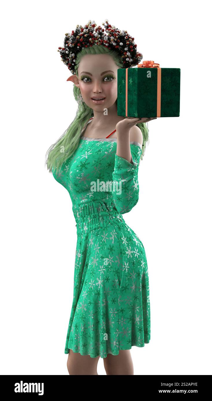 Charmante fille elfe 3D avec les cheveux verts dans la robe de fête, tenant un cadeau de Noël. Idéal pour les motifs festifs et fantastiques, l'illustration respire Banque D'Images