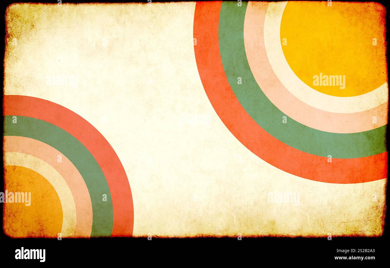 Fond grunge vintage avec texture de papier et motif rayé circulaire de différentes couleurs. Bannière rétro horizontale ou verticale avec texture de papier. Banque D'Images