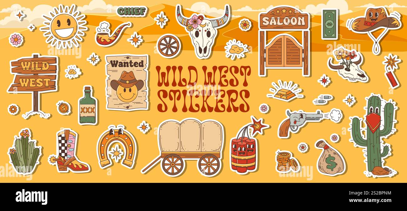Wild West Western Groovy personnages autocollants pack avec des personnages drôles, ensemble de vecteur de dessin animé. Wild West groovy stickers de cow-boy saloon et crâne de longhorn, Western Wanted Smile, dynamite et fer à cheval Illustration de Vecteur