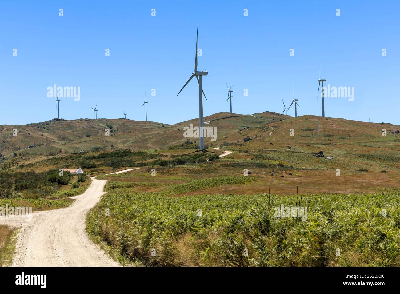 Grands moulins à vent modernes sur les montagnes avec route déserte et ciel bleu dans la région de Fafe au Portugal Banque D'Images