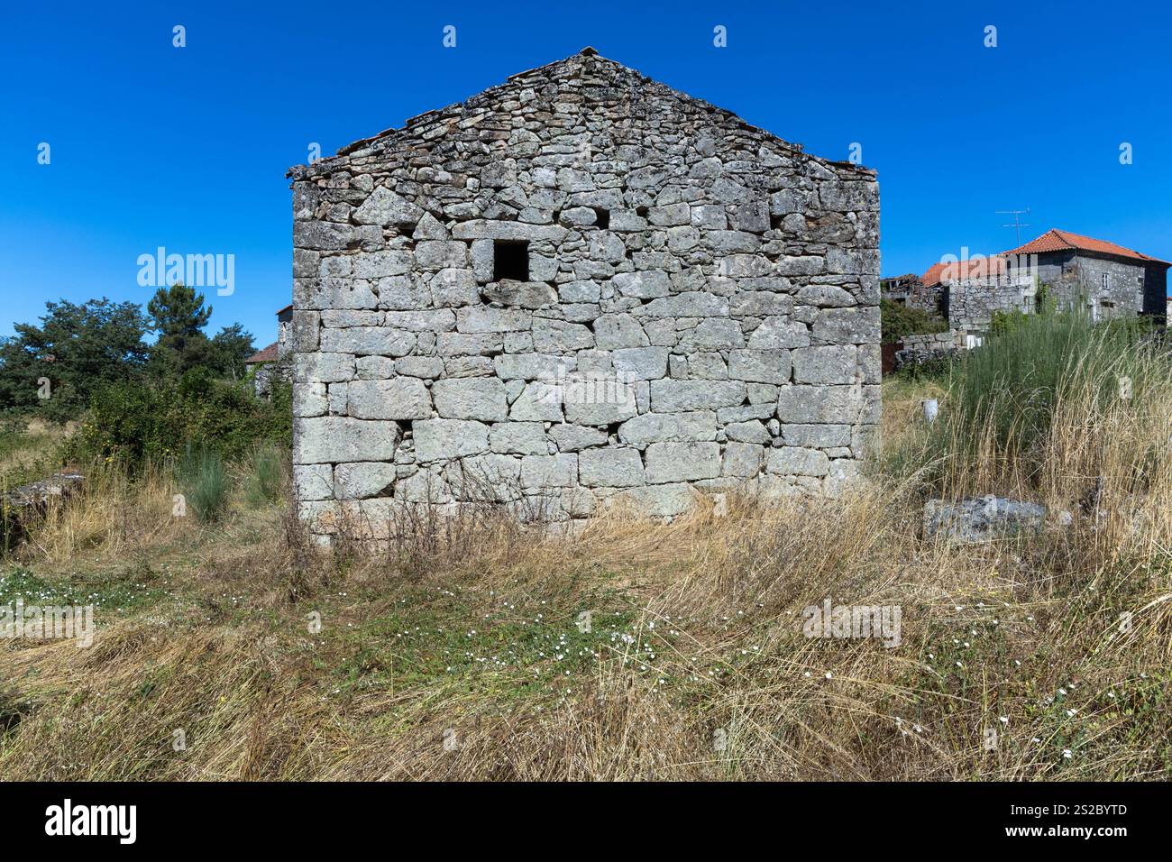 Côté avec fenêtre d'une ancienne maison individuelle en granit abandonnée au Portugal avec ciel bleu et hautes herbes. Banque D'Images