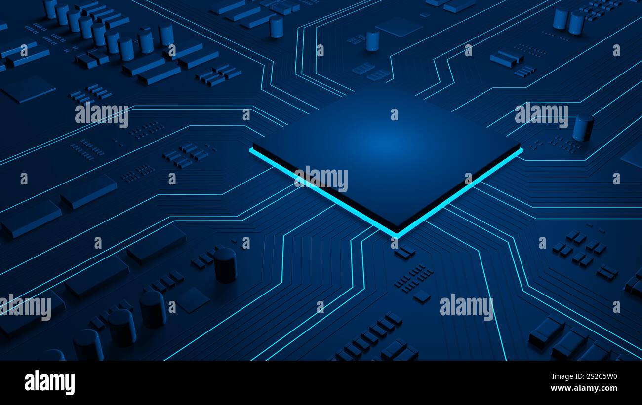 Puce sur carte de circuit imprimé. Carte mère d'ordinateur avec CPU. Contexte technologique. illustration 3d. Banque D'Images