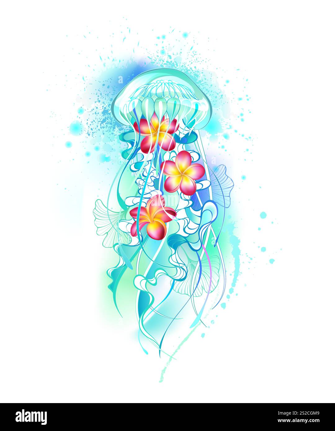 Méduses bleues artistiquement dessinées avec de longs tentacules, décorées de plumeria tropicale rose, sur fond blanc peint avec de la peinture bleue. style de tatouage Illustration de Vecteur