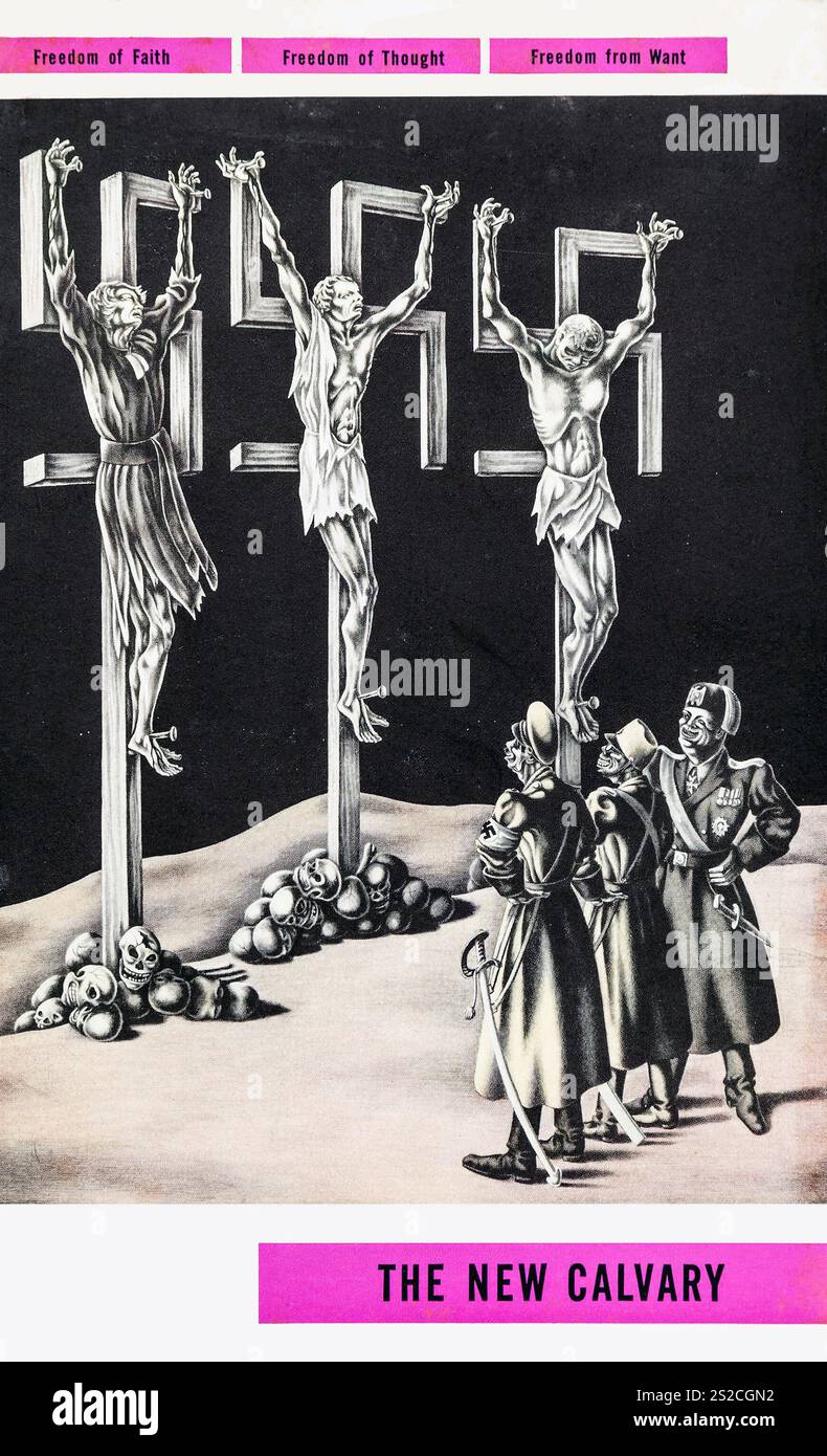 Mini-affiche de propagande de la seconde Guerre mondiale (années 1940) - « le nouveau calvaire » avec des images d'Hitler, Mussolini et Hirohito crucifiant trois personnes sur des svastikas Banque D'Images