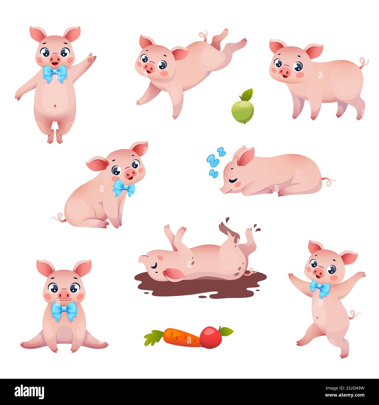 Mignons petits cochons roses. Personnages d'animaux de ferme de dessins animés, différentes actions, poses et émotions, mascotte drôle d'animaux de compagnie pour enfants, pack d'autocollants. Mammifères domestiques Illustration de Vecteur