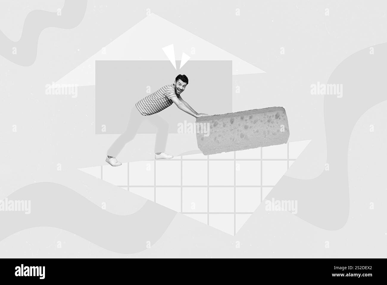 Illustration créative de collage de positif noir blanc gamma gars pousser énorme éponge isolée sur fond bleu peint Banque D'Images
