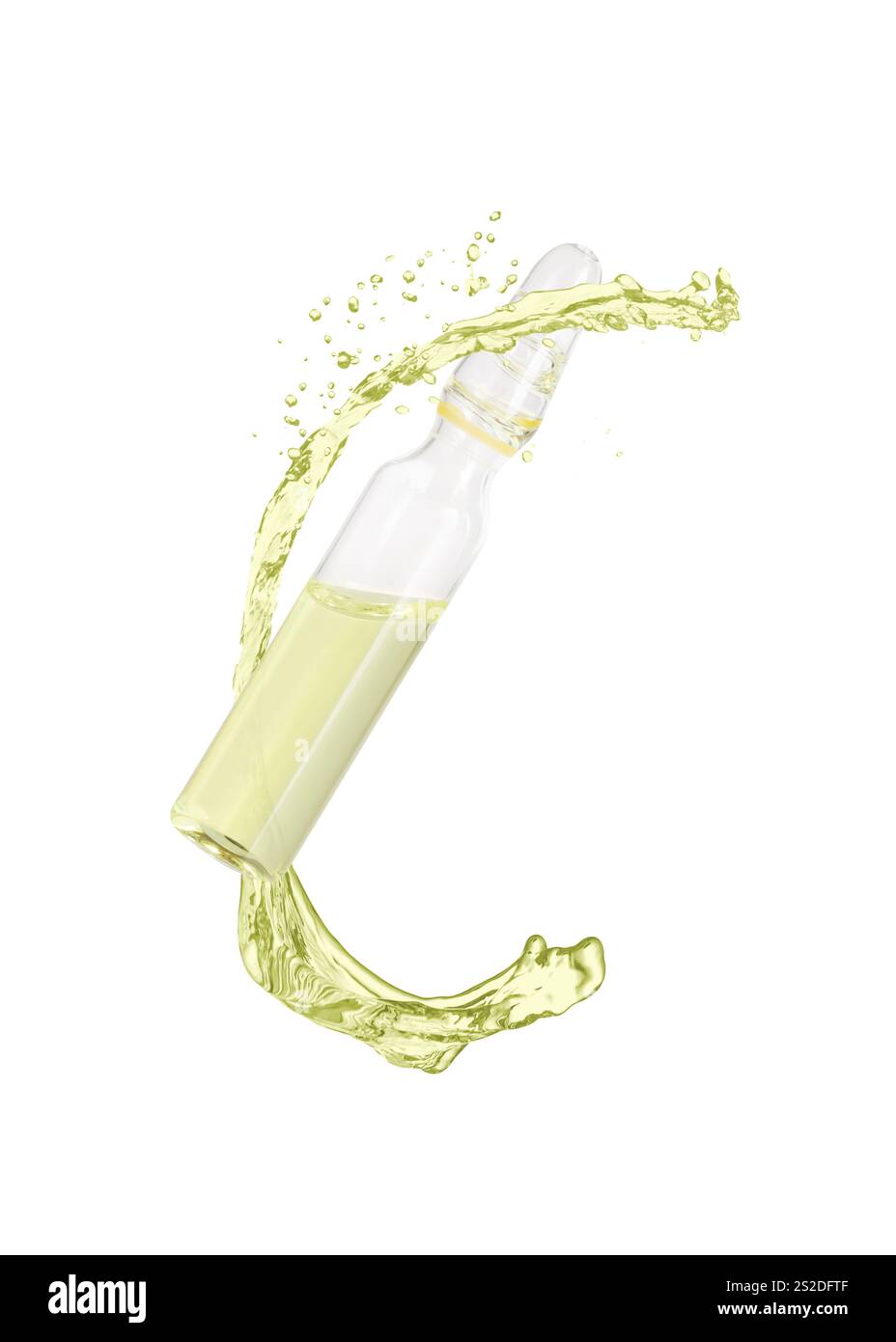 Ampoule et éclaboussure de liquide dans l'air sur fond blanc Banque D'Images
