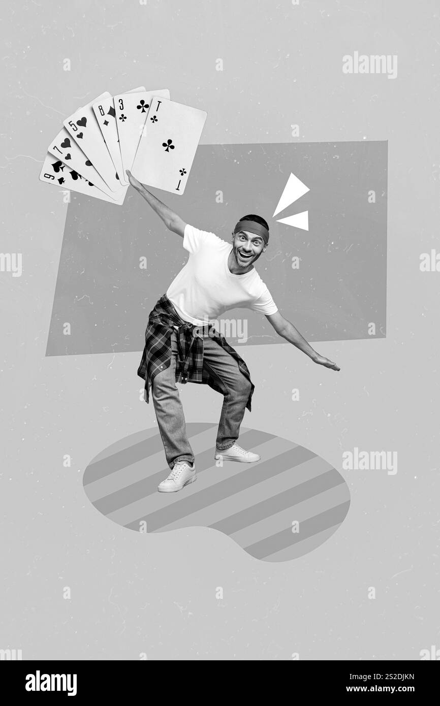 Photo créative 3D collage art affiche carte postale image de joyeux homme gai jouant au casino isolé sur fond de peinture Banque D'Images