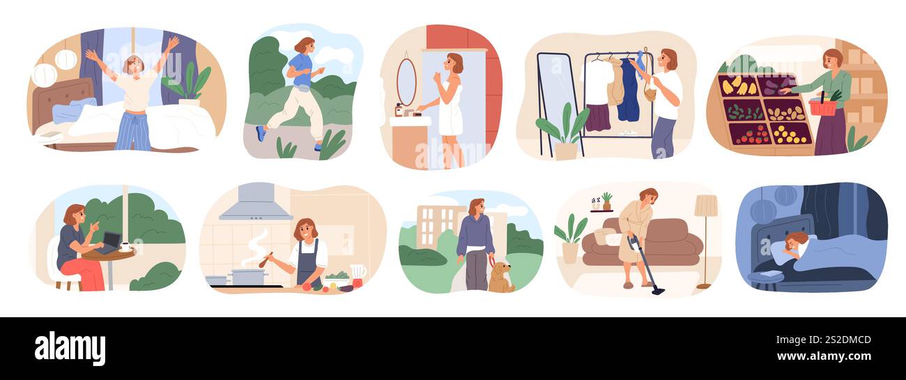 Scènes quotidiennes de routine de femme. Activités féminines quotidiennes. Loisirs et travail. Exercices sportifs. Fille prenant soin de vous. Shopping dans un supermarché. Marcher Illustration de Vecteur